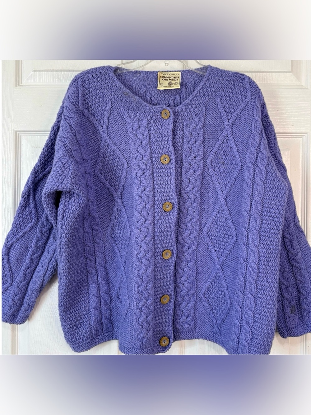 Connemara Irish Merino Wool Fishermans Cardigan Sweater Periwinkle Blue XL
